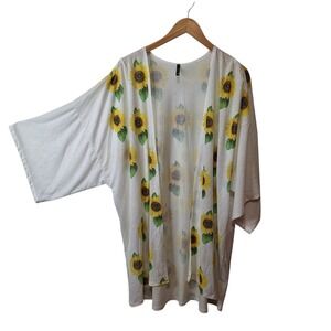 Poliana Plus 3X Womens Open Front‎ Kimono Style Cardigan White Sunflower Print